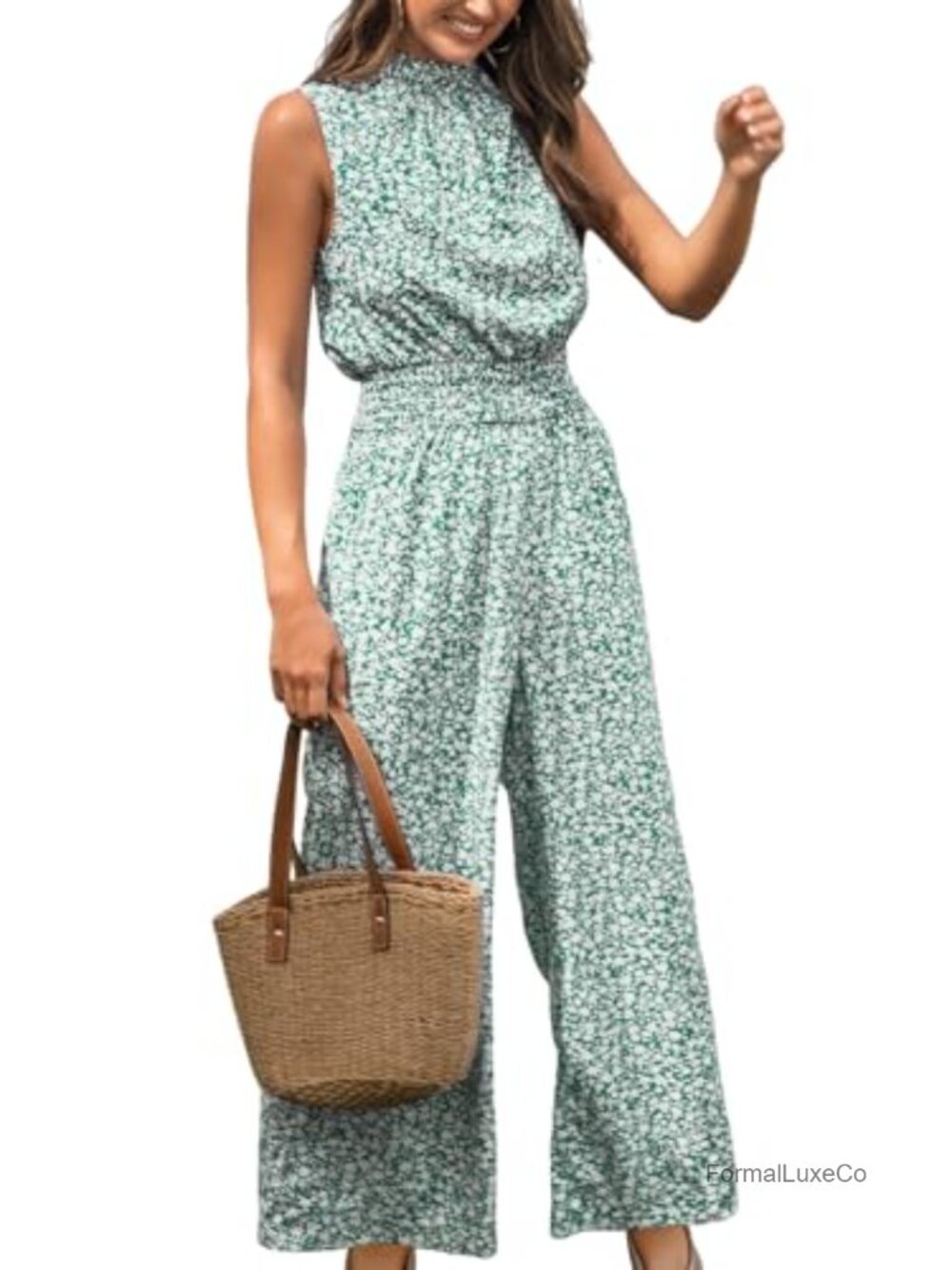 Floral Mock Neck Sleeveless Wide Leg Jumpsuit with Pockets